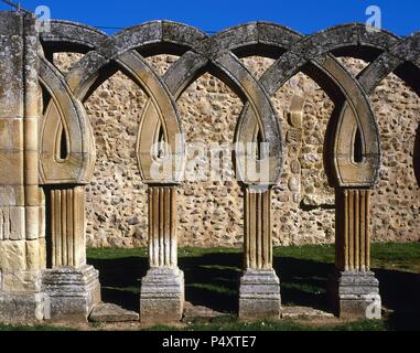 L'art roman San Juan de Duero. Voir les arcades du cloître entrelacés. XIII siècle. Il contient des éléments d'architecture romane, gothique, mudéjar style et influences orientales. Il a été déclaré Monument National en 1882. Soria. Castille et Leon. L'Espagne. Banque D'Images