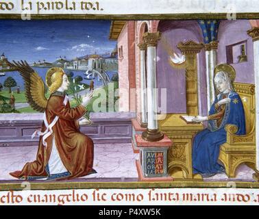 Annonciation de l'Archange Gabriel à Marie. Le Codex de Predis (1476). Bibliothèque royale. Turin. L'Italie. Banque D'Images