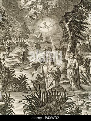 Matthieu 3. Jean Baptiste baptisant Jésus. La gravure. Banque D'Images