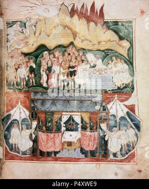 L'art wisigoth VI-VII siècle. Pentateuque ASHBURNHAM OU TOURS. Hispano-Visigothic miniature. Il epresents : Moïse sur le mont Sinaï, les comprimés de droit et le Tabernacle. Bibliothèque nationale. Paris. La France. Banque D'Images