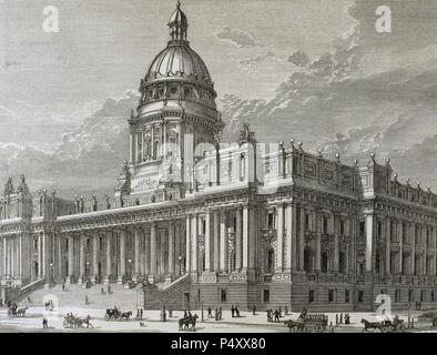 Histoire de l'Australie. 19e siècle. Melbourne. Palais du Parlement. Lithographie de l'plans d'origine y compris dome et ailes de Spring Street. Le projet ne fut jamais achevé. Gravure, 1879. Banque D'Images