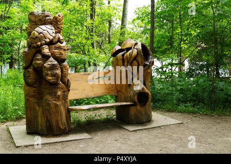 Crawford Lake Conservation Area et village iroquoien. Campbellville Ontario Canada. Les sculptures en bois le long de la piste de la cachette. Banque D'Images