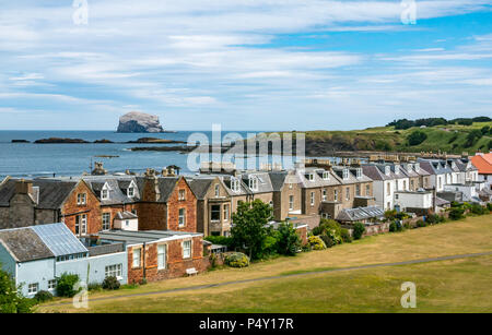 Bass Rock blanc avec l'imbrication de bassan, plus grande colonie de fous de bassan, vue de North Berwick, East Lothian, Scotland, UK avec des maisons en terrasse en bord de mer Banque D'Images