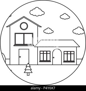 Châssis circulaire décoratif avec paysage avec maisons modernes sur fond blanc, vector illustration Illustration de Vecteur