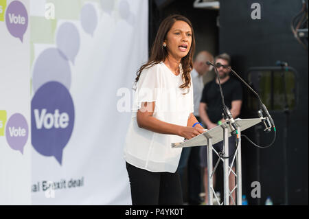 Londres, Royaume-Uni. 23 Juin, 2018. Militante Anti-Brexit Gina Miller parle au vote du peuple rassemblement à la place du Parlement dans le centre de Londres sur un deuxième anniversaire de la référendum Brexit assisté par cent mille personnes. Les manifestants exigent que les conditions définitives de l'Brexit deal négocié par le gouvernement sont mis devant les citoyens britanniques dans un vote public. Credit : Wiktor Szymanowicz/Alamy Live News Banque D'Images