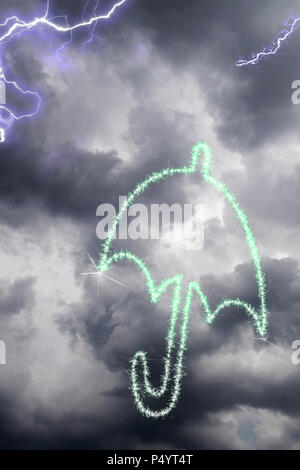 Parapluie mousseux flottant dans un ciel d'orage. CGI ou l'image de synthèse Banque D'Images