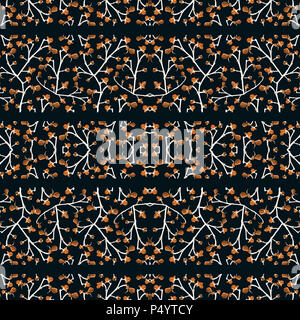 La technique de collage numérique motif motif dentelle transparente en orange et blanc contre fond bleu foncé. Banque D'Images