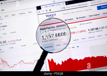 Montréal, Canada - le 22 juin 2018, l'Alphabet ticker actions GOOG Inc avec prix et des graphiques sous une loupe sur Yahoo Finance. Banque D'Images