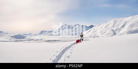Le Groenland, Schweizerland, Alpes, Kulusuk Kulusuk, ski féminin tourer Banque D'Images