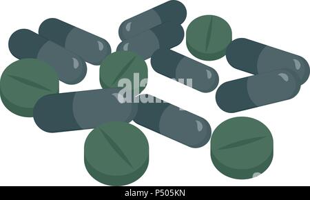 La spiruline bio. La drogue, la spiruline Chlorella vulgaris, onglets et capsules Illustration de Vecteur