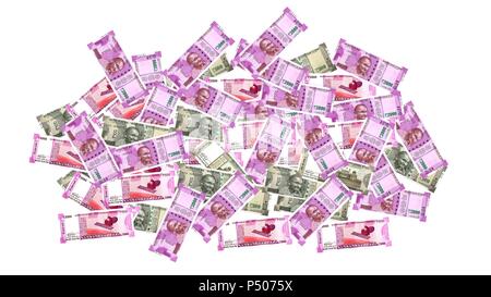 Monnaie indienne de 2000 et 500 rupee nouvelle note sur fond blanc, valeur de l'argent finances stock photo image d'arrière-plan Banque D'Images