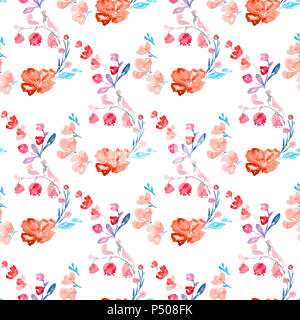 Fleurs de rose rose hips (Wild Rose), et de jacinthes d'un bouquet de feuilles, seamless pattern design, peinte à l'aquarelle illustr Banque D'Images