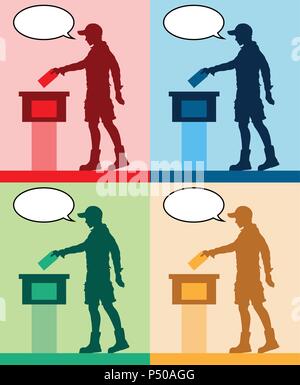 Jeune homme silhouettes des électeurs avec différentes couleurs de bulle en votant aux élections. Tous les objets et la silhouette sont différents dans l Illustration de Vecteur