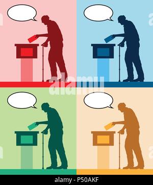 Vieil homme silhouettes des électeurs avec différentes couleurs de bulle en votant aux élections. Tous les objets et la silhouette d'horizons des laïcs dans différents Illustration de Vecteur