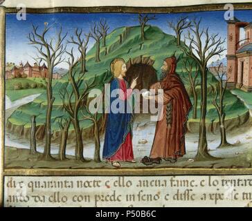 Jésus dans le désert est tenté par le démon qui le mènera à une montagne. Le Codex de Predis (1476). Bibliothèque royale. Turin. L'Italie. Banque D'Images