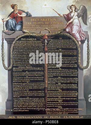 Déclaration des droits de l'homme et du citoyen. Loi adoptée en France par l'Assemblée constituante le 26 août 1789, avec dix-sept articles qui définissent les droits des citoyens et de la nation. C'est un document fondamental de la Révolution française. Musée Carnavalet. Paris. La France. Banque D'Images