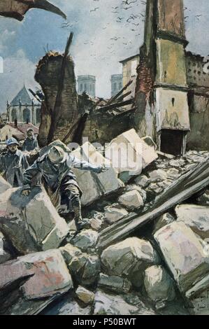 La Première Guerre mondiale (1914-1918). Soldats français marcher parmi les ruines de la ville de Verdun. Février 1917. Par François Flameng (1856-1923). Banque D'Images