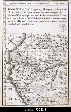 'PLANO GEOGRAFICO E HIDROGRAFICO DE LA AUDIENCIA DE QUITO', Pérou. Mapa de ALSEDO, realizado en el año 1776. Biblioteca Nacional. Madrid. España. Banque D'Images