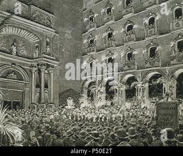 Sérénade par les sociétés chorales étant donné la nuit du 28 mai en raison de la visite de la reine régente Marie-christine de Habsbourg-lorraine au monastère de Montserrat. La Catalogne. L'Espagne. Dessin de P. Y. La vaillance, 1888. Banque D'Images