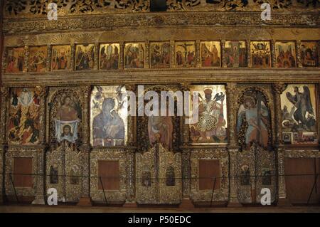 L'art byzantin en Grèce. Angelos par Masketis iconostase en bois, de l'église de Pantocrator, 1683. Musée byzantin. Zante. La Grèce. Banque D'Images