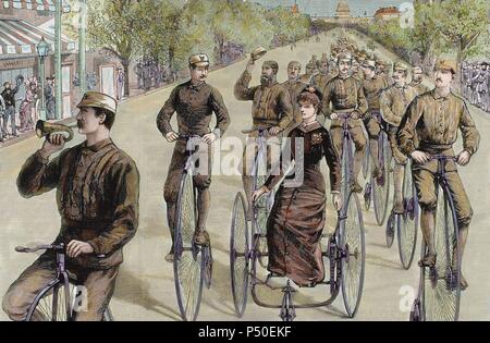 Les cycles de la ligue américaine à Pennsylvania Avenue. Mi-mai 1884. L'État de Washington. United States. Gravure en couleur. Banque D'Images