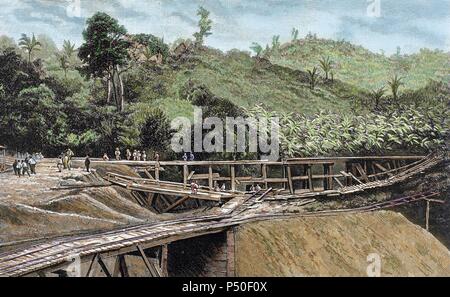 Construction du canal de Panama. Fonctionne en pont appelé 'Alto-Obispo'. Gravure couleur de 'Spanish et American Illustration'. ' (1886). Banque D'Images