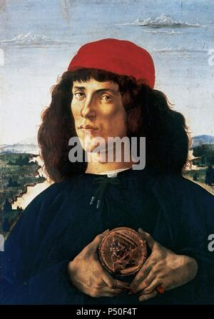 Sandro Botticelli (Alessandro di Mariano di Vanni Filipepi) (1445-1510). Peintre italien. 'Portrait d'un homme avec une médaille de Cosme l'ancien (1475-1476). Galerie des Offices. Florence. L'Italie. Banque D'Images