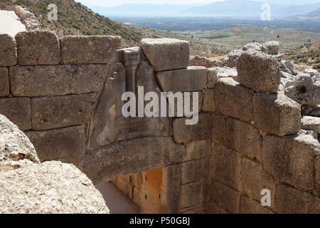 L'art mycénien Le Lion Gate de Mycenes forteresse. Argos. Péloponnèse. La Grèce. L'Europe. Banque D'Images