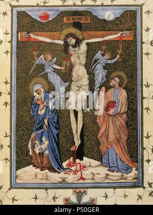 'CRUCIFIXION DE CRISTO CON LA VIRGEN Y SAN JUAN'. Miniature del 'MISAL DE SANT CUGAT DEL VALLES', códice de los siglos XIV-XV, de 136 folios. Archivo de la Corona de Aragón. Barcelone. Cataluña. Banque D'Images