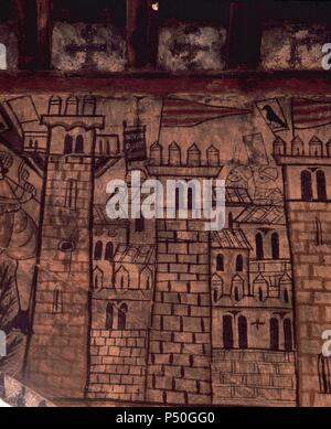 Les murs de la ville de Valence où a volé le drapeau du roi Jacques i le Conquérant pour la première fois le 28 septembre 1238. La peinture murale du 14e siècle. Alcande château. Teruel Province. L'Aragon. L'Espagne. Banque D'Images