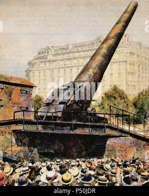 PRIMERA GUERRA MUNDIAL (1914-1918). GRAN BERTHA M42. Pieza de artillería alemana utilizada para bombardear París en 1918. Por tous Krupp y Diseñada por el ingeniero Rausenberger. La Domenica del Corriere (1918) .
