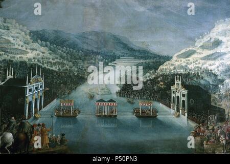 PAZ DE LOS PIRINEOS (novembre 1659). L'accord entre Felipe IV de España y Luis XIV de Francia negociado en la Isla de los Faisanes, en el Rio Bidasoa. La Consagró superioridad militar francesa y la decadencia de España. Flamenco Oleo del Pintor Frederich Adam van der Meulen (1632-1690) conocido como las ENTREGAS'. Real Monasterio de la Encarnación. Madrid. España. PATRIMONIO NACIONAL. Banque D'Images