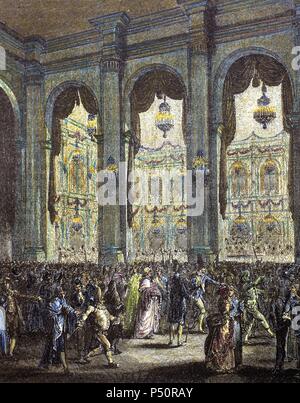 L'histoire française. 18e siècle. Masquerade ball. Fête organisée par la ville de Paris en l'honneur du roi Louis XVI. 23 janvier, 1782. Gravure de "Paris à travers les âges". De couleur. Banque D'Images