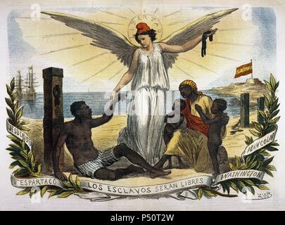 Caricatura editada en el interior de la revista satírica 'LA FLACA', donde aparece LA REPUBLICA acompañada de ESCLAVOS. Barcelone. Cataluña. Banque D'Images