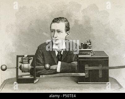 Guglielmo Marconi (1874-1937). Le physicien italien. Il a réussi la première transmission radio entre la France et la Grande-Bretagne. Prix Nobel de physique en 1909. La gravure à 'L'Illustration', 1897. Banque D'Images