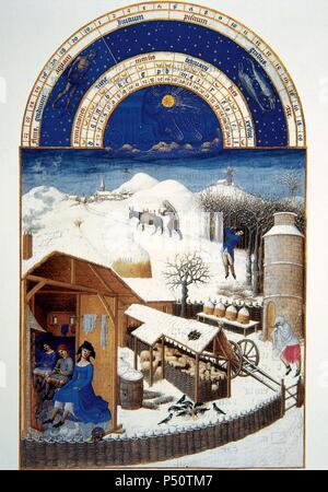 La vie paysanne au Moyen Âge. Travaux agricoles pendant l'hiver. Miniature de 'Les Tres Riches Heures du Duc de Berry' du 15ème siècle. Chateau de Chantilly. La France. Banque D'Images