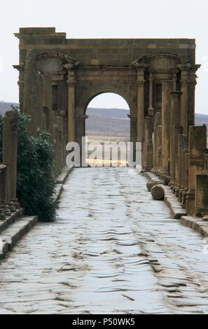 L'Art Roman l'Algérie. Timgad. Chaussée romaine et l'arche de Trajan dans l'arrière-plan. Banque D'Images