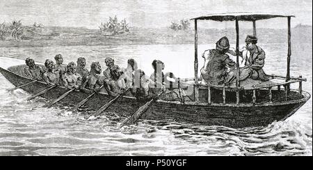 Stanley et Livingstone dans un canoë de la rivière Ruzizi à Ujiji village. La gravure. Banque D'Images