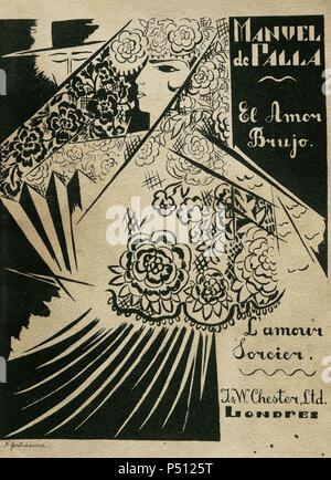 Manuel de Falla (1876-1946). Compositeur espagnol. El Amor Brujo (l'amour, le Magicien). Première édition, imprimée à Londres par J. & W., Londres, Angleterre, années 1920. Lithographie de Natalia. Gontcharova (1881-1962) pour l'annonce de la perspective d'representacion. Banque D'Images