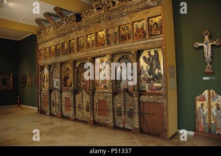 L'art byzantin en Grèce. Angelos par Masketis iconostase en bois, de l'église de Pantocrator, 1683. Musée byzantin. Zante. La Grèce. Banque D'Images