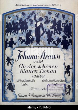 Portada del vals 'Al Bello Danubio Azul' de 1867 del compositor austríaco Johann Strauss, hijo (Vienne, 1825-1899). Banque D'Images