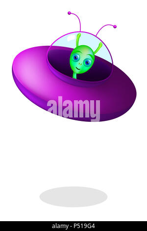 Alien vert avec soucoupe sur fond blanc. Petit homme vert de Mars avec soucoupe mauve. Ovni et extraterrestres. Banque D'Images