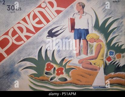 Portada de la revista infantil 'Perventir» ; Edición Catalana ; publicada por la F.R.E.R. ; FR VIA Durruti nº32 de Barcelona ; 2 de noviembre de 1937. Banque D'Images