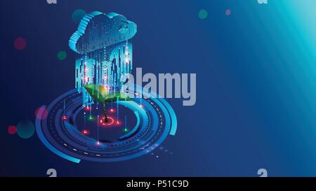 Le stockage cloud avec de gros de l'analyse des données le traitement. L'analyse de la circulation de l'information Données aidant l'analytique des affaires, la gestion et la stratégie. Les technologies de l'information concept illustration isométrique. Illustration de Vecteur