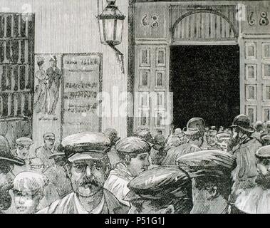 Mouvements de main-d'œuvre. Madrid, Espagne. Les travailleurs avant le Lycée Rius, dans la rue Atocha, après une réunion des travailleurs socialistes, sur la semaine de protestation pour les droits des travailleurs. Le 4 mai 1890. La gravure. Banque D'Images