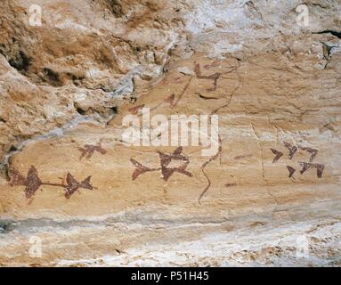 Mésolithique l'art préhistorique. Style Levantine. Schéma pour la peinture. Grotte de Los Letreros. Velez Rubio. L'Andalousie. L'Espagne. Banque D'Images