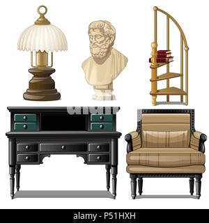 Objets et meubles vintage intérieur isolé sur fond blanc. Vector illustration. Illustration de Vecteur