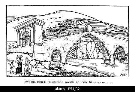 Puente del Diablo en Martorell, construcción romana del año 16 a.c. Populaires Historia de Catalunya, Alfons de Roure. En 1919, Barcelone Editada. Dibujo de Joan Vila i Pujol (Joan d'Ivori) (Barcelone, 1890-1947). Banque D'Images