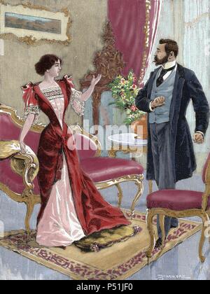 La bourgeoisie. Monsieur avec une dame dans la salle de séjour. Gravure en couleur. 1897. Banque D'Images