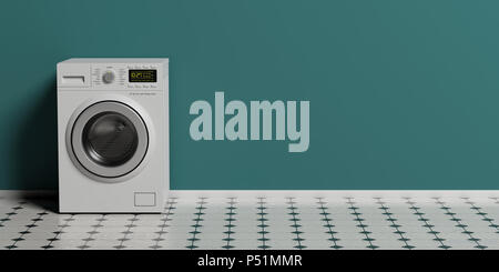 Vêtements blanchisserie. Lave-linge, sèche-linge machine sur sol carrelé, mur vert, copiez l'espace. 3d illustration Banque D'Images